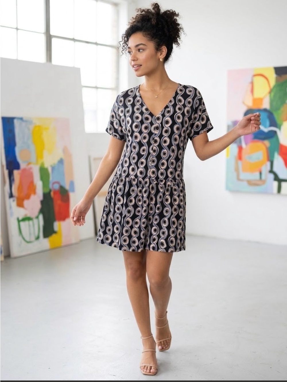 V-Neck Mini Dress in Black with Cream-Pink Geo Print